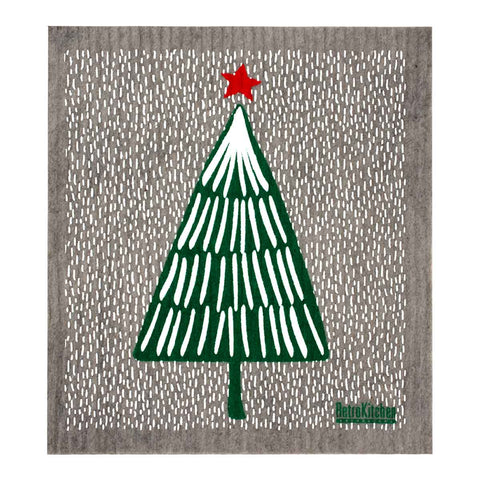 Green Christmas tree with red star on a grey compostable sponge cloth, featuring the RetroKitchen logo.