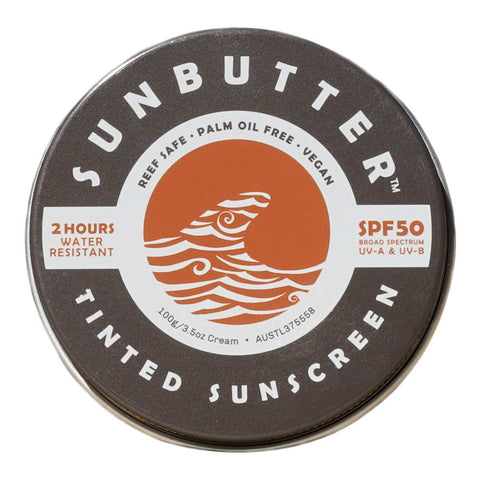 Sunbutter tinted sunscreen container with branding and product details on a white background