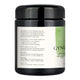 A black herbal tea jar with a black lid and a white label featuring green accents and text.