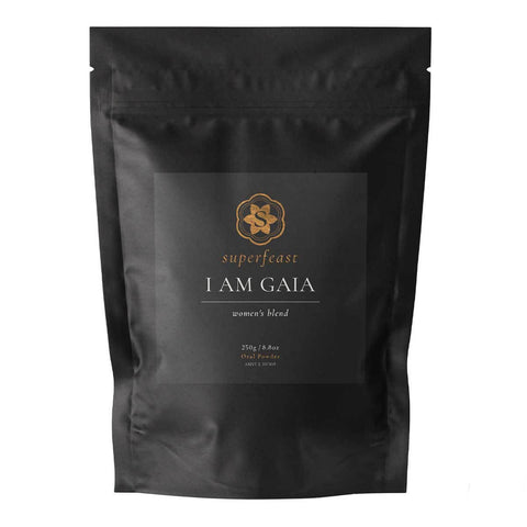 Black package of Superfeast I AM GAIA women's blend on a white background