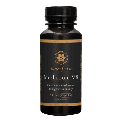 Black bottle of Superfeast Mushroom M8 capsules on a white background. 90 hard capsules.
