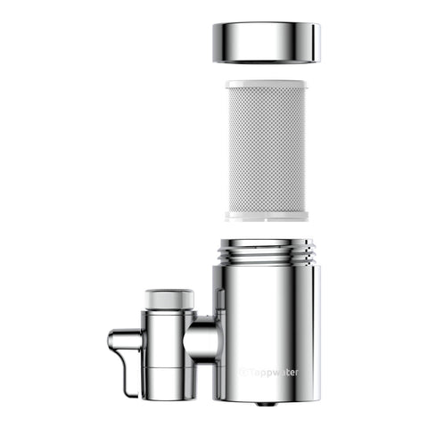 EcoPro SMR Tap Water Filter shown with lid off in exploded view with refillable filter section displayed.