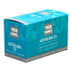 A box of Tea Tonic Australiana Tea on a plain white background. The packaging features a geometric pattern in shades of blue and teal, with dark grey panels containing the white 'Tea Tonic' brand logo and white text for 'Australiana Tea'. Cool, vast and a whole lot of soul. Naturally caffeine free & organic.