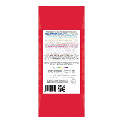 The back of a tea bag package, featuring a large white text panel with product details, a barcode, QR codes, and a row of color dots, all set against a solid red background.