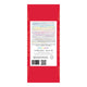 The back of a tea bag package, featuring a large white text panel with product details, a barcode, QR codes, and a row of color dots, all set against a solid red background.