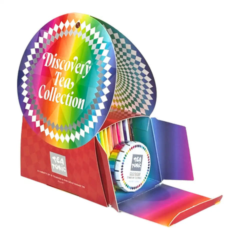 Tea Sonic Discovery Tea Collection gift set in a colorful rainbow-themed cardboard display box with a circular flap and visible tea packets inside, on a white background.