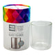 A double-walled clear glass tea mug shown next to its white cylindrical packaging container, which features a colorful geometric pattern on the lid and reads 'Tea Tonic'.