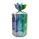 A hexagonal paper tea gift box with a geometric pattern in purple, teal, and green, tied at the top with a matching bow and white string, shown on a plain white background.