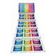 A long card of colorful tea bags laid out on a white background. The sheet has a rainbow gradient header and multiple small square pockets.