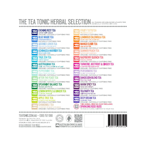 Back of a tea box package showing 'THE TEA TONIC HERBAL SELECTION' with multiple colored tea variety labels arranged in two columns, plus branding, website, and barcode at the bottom.