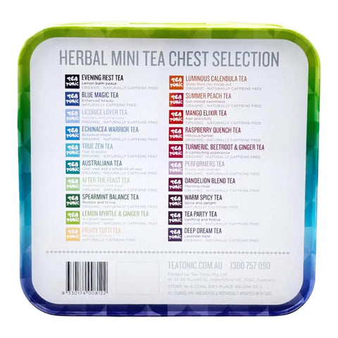 The back of a square metal tea tin with rounded corners, featuring a white label with a colorful list of herbal mini tea selection options.