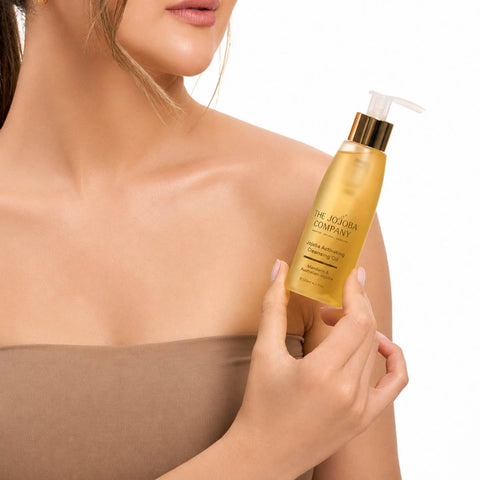 Woman holding a bottle of The Jojoba Company product against her shoulder. 
