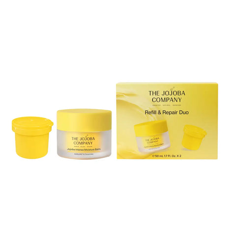 The Jojoba Company Refill & Repair Duo set featuring a yellow jar of Intense Moisture Balm, a small yellow refill container, and its yellow packaging box on a white background.