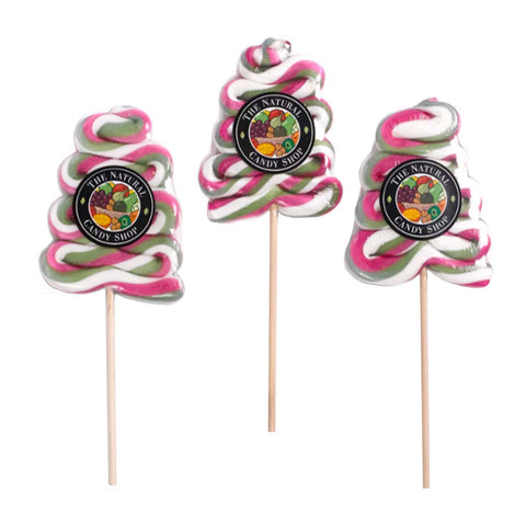 Three colorful lollipops on sticks with 'The Natural Candy Shop' logo.