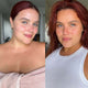 Before and after comparison of a woman with red hair, showing a transformation with and without tan.