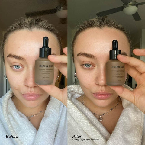 Before and after comparison of a person holding tanning drops next to her face. Light natural tan.