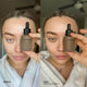 Before and after comparison of a person holding tanning drops next to her face. Light natural tan.