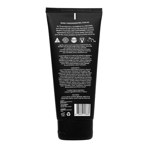 The back of Three Warriors' Tasmanian Sand Scrub, an organic, vegan and cruelty-free body exfoliator formulated with aloe vera, coconut oil and natural sand sourced locally from Tasmanian beaches, outlining its certifications, ingredients, directions for use, and product description.