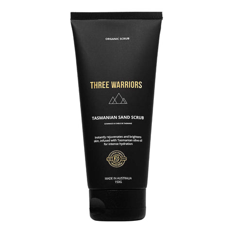 Three Warriors' Tasmanian Sand Scrub, an organic, vegan and cruelty-free body exfoliator formulated with aloe vera, coconut oil and natural sand sourced locally from Tasmanian beaches shown in its black tube.
