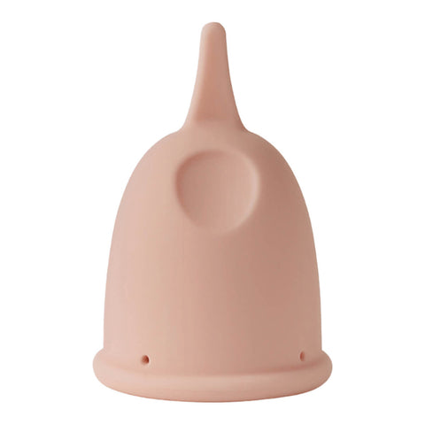 A reusable menstrual cup made of 100% medical grade silicone, featuring unique finger inedents for easy insertion and removal.
