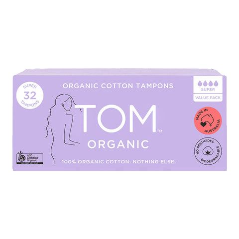 Box of 32 super organic cotton tampons designed for heavy flows. These tampons are biodegradable and hypoallergenic, offering a sustainable and gentle option for menstrual care.