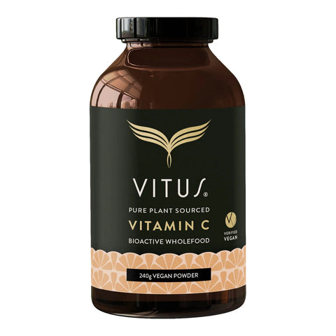 240g bottle of VITUS Vitamin C Vegan Powder on a white background.
