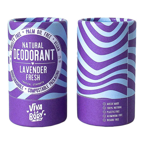 Natural deodorant - aussie made, 100% natural, plastic free, aluminium free, bicarb free. Biodegradable & compostable packaging. Purple & blue wavy design.