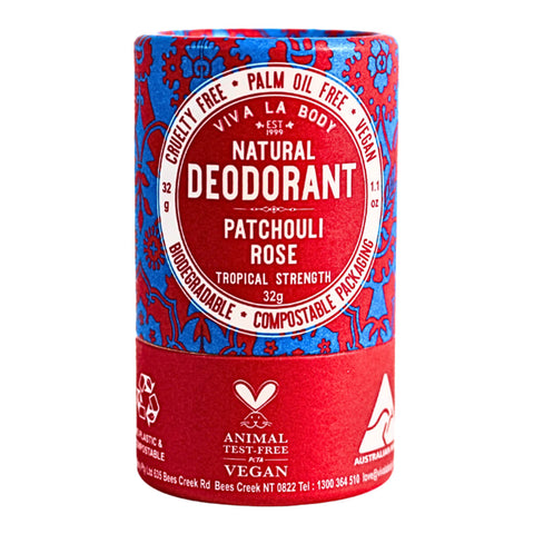 A 32g cardboard tube of patchouli rose natural deodorant.