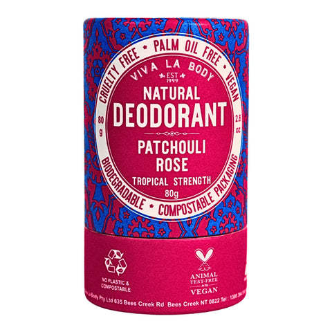 An 80g cardboard tube of patchouli rose natural deodorant.