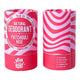 Natural deodorant stick - front & back of packaging. Red & pink biodegradable & compostable. 