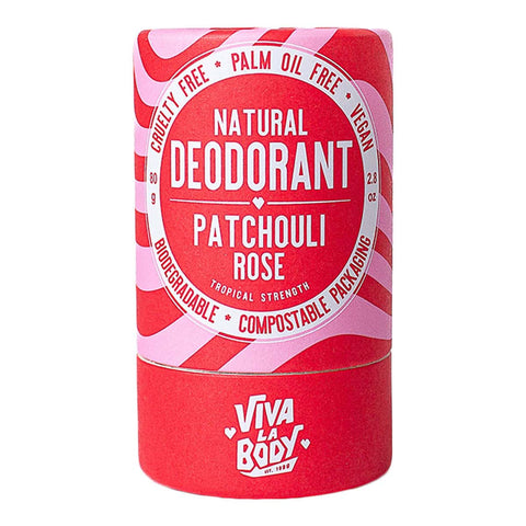 Red and pink natural deodorant packaging with 'Viva La Body' branding on a white background