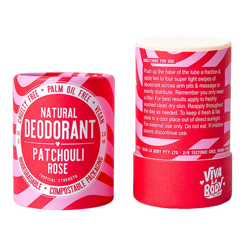 Viva La Body natural deodorant in patchouli rose flavour on a white background. Directions for use on inner packaging. 