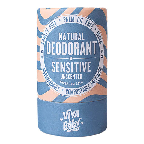 80g Viva La Body natural deodorant for sensitive skin on a white background. Blue & peach swirled graphic on cardboard tube packaging.
