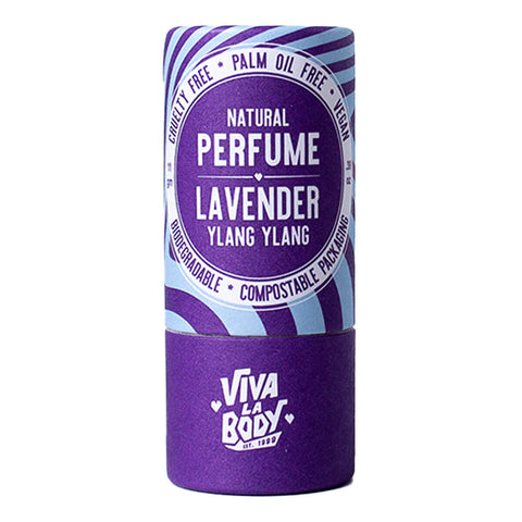 Purple and blue natural perfume stick with 'Viva La Body - Lavender Ylang Ylang' branding on a white background.
