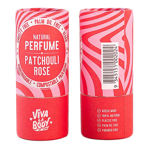 Front & back of Viva La Body Natural perfume Patchouli Rose - pink & red wavy design. Plastic free packaging.
