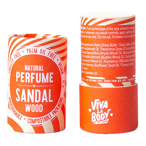 Viva La Body Natural Perfume Sandal 11g stick on a white background. Ingredients & directions for use on inner packaging.