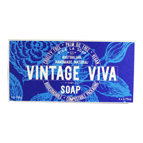 A soap box containing 3 of Viva La Body's classic, mini sized, handmade and natural soaps.