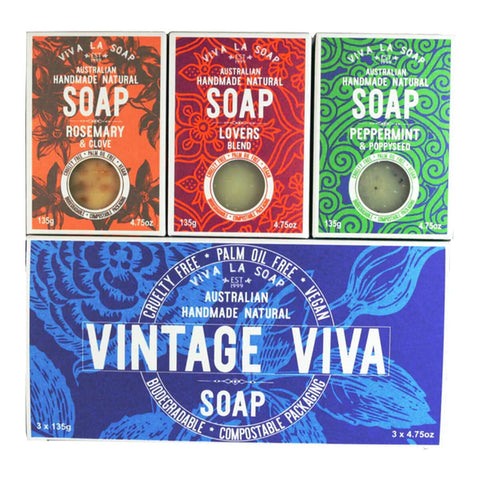 3 of Viva La Body's classic, mini sized, handmade and natural soaps next to its box.