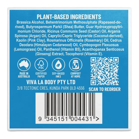 The back of Viva La Body solid conditioner box, featuring a blue background with product ingredients listed in white text, certification icons, a QR code, and a barcode.