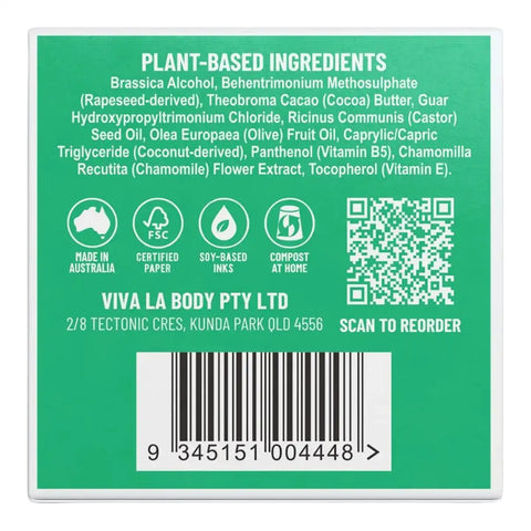 The back of a Viva La Body product box showing a green panel with ingredient list text, certification icons, a QR code, and a barcode.