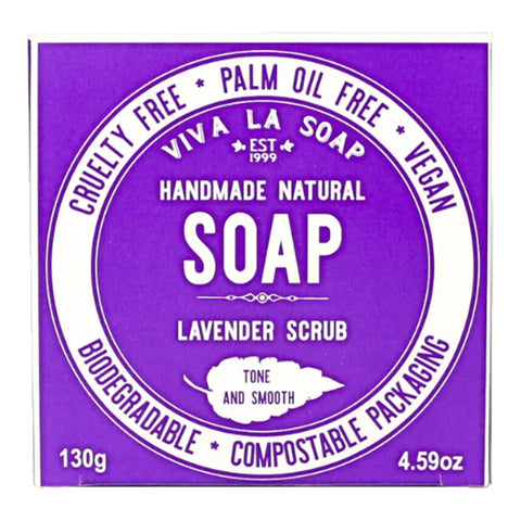 A box of handmade and natural Tone & Smooth, lavender scrub soap.