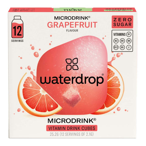 Box of waterdrop Microdrink - Grapefruit flavoured vitamin drink cubes on a white background.