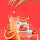 Grapefruit juice with a 'waterdrop' box on a red background.