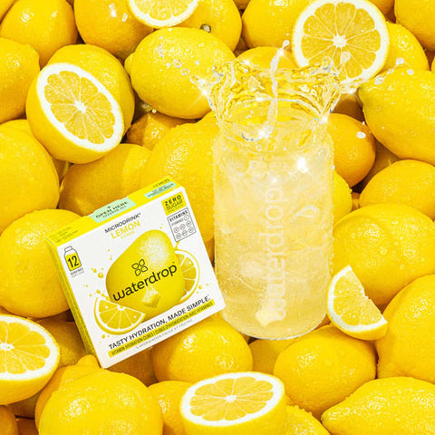 waterdrop Microdrink - Lemon lemonade packaging with a glass of lemonade surrounded by lemons.