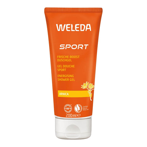 Orange Weleda Arnica Sport Energising Shower Gel 200ml tube on a white background.