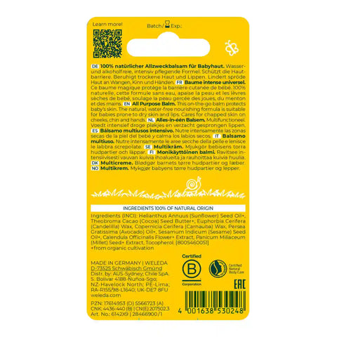 Back of all purpose balm packaging with text and branding on a white background