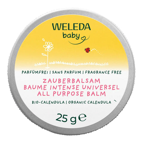 Weleda baby all-purpose balm container with yellow lid and white base.