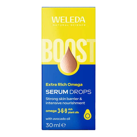A 30ml box of Weleda Extra Rich Omega Serum Drops, featuring a bright yellow top half and a deep blue bottom half with white and yellow text.