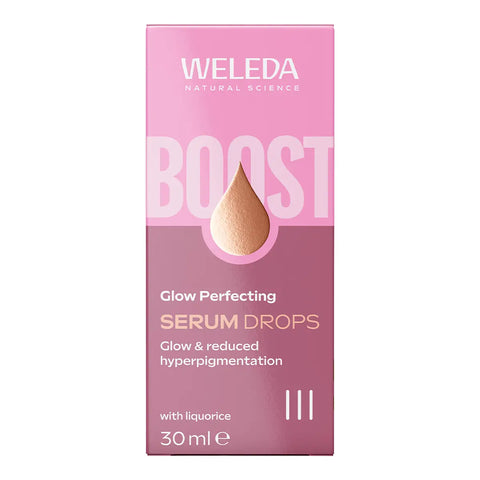 A pink and mauve box of Weleda Glow Perfecting Serum Drops 30ml, featuring a teardrop-shaped graphic.