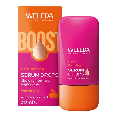 Weleda Pore Refining Serum Drops bottle and its orange and pink packaging box.